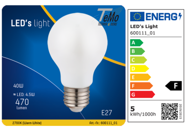 1 STÜCK (VPE) SHADA LED Classic E27, 470lm, 4.5 Watt, Warmweiss 2700K, A60 Opal, EEC: F (0600111_01)